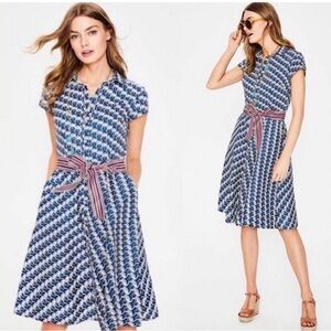 Boden Blue Patterned Midi Dress with Striped Belt